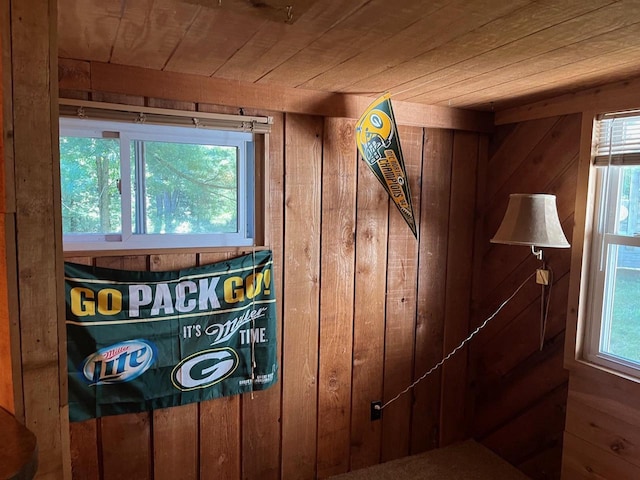 details with wood ceiling and wood walls