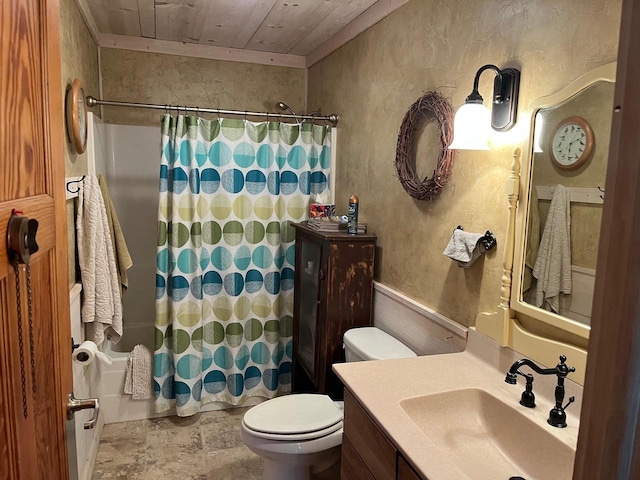 full bathroom with shower / bathtub combination with curtain, toilet, wooden ceiling, and vanity