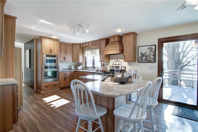 kitchen featuring custom range hood, light hardwood / wood-style floors, stainless steel appliances, sink, and ceiling fan