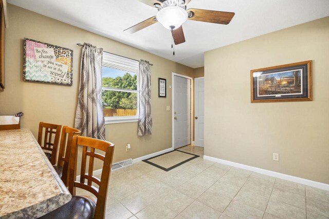 dining room featuring light tile patterned floors, baseboards, visible vents, and a ceiling fan