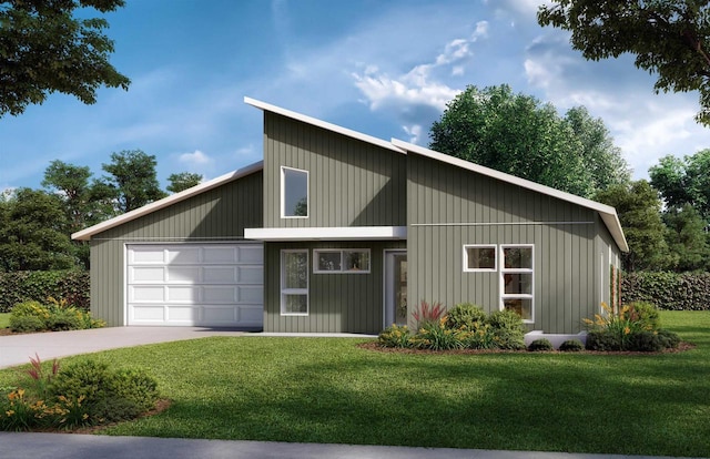 view of front of property featuring a front lawn and a garage