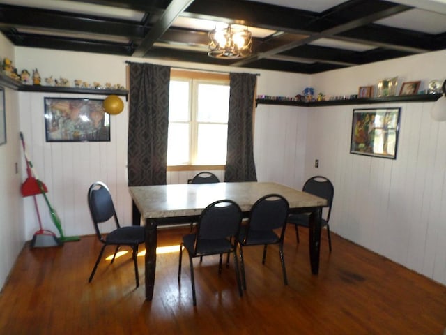 dining room featuring a notable chandelier, beam ceiling, wood-type flooring, and coffered ceiling