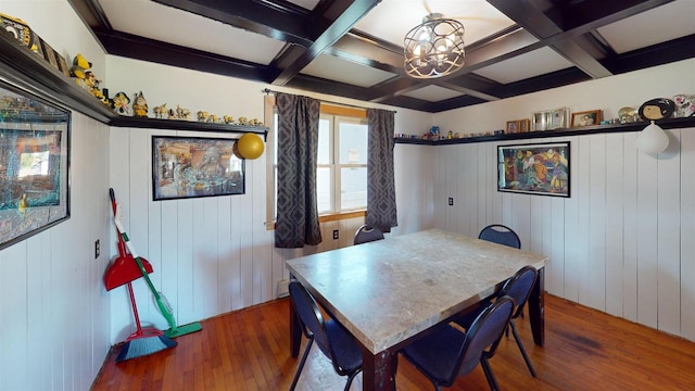 dining room with coffered ceiling, an inviting chandelier, beamed ceiling, wooden walls, and hardwood / wood-style flooring