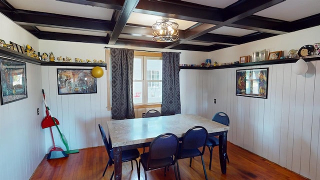 dining area with hardwood / wood-style floors, a notable chandelier, coffered ceiling, and beam ceiling