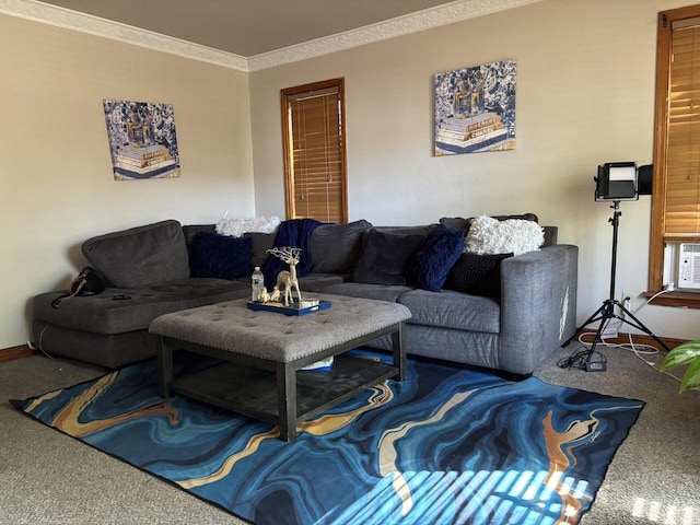 living room featuring crown molding and carpet flooring