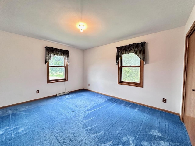 spare room featuring baseboard heating and carpet floors