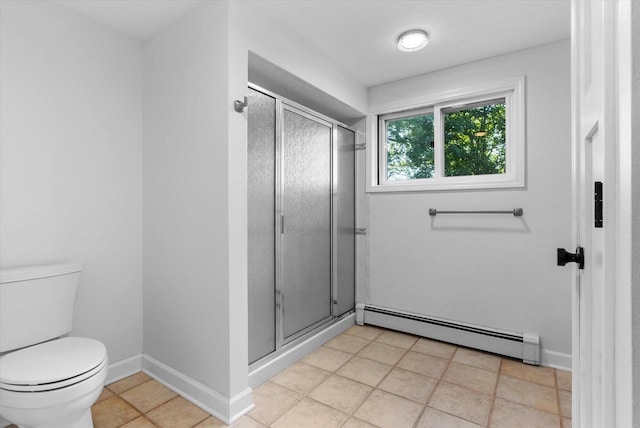 full bath with a stall shower, a baseboard radiator, toilet, and baseboards