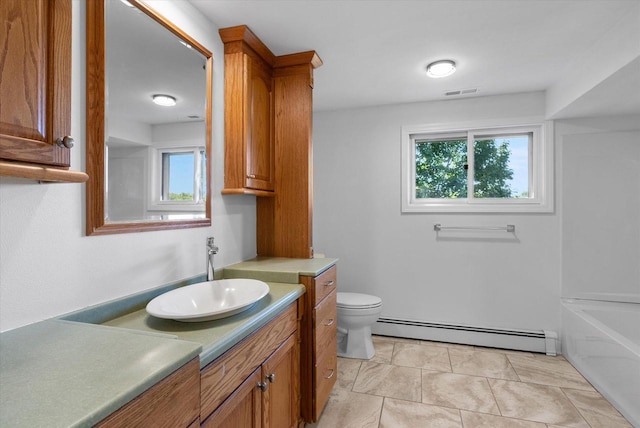 full bathroom featuring visible vents, toilet, a bathing tub, vanity, and a baseboard heating unit