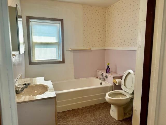 bathroom with vanity, toilet, and a bathing tub