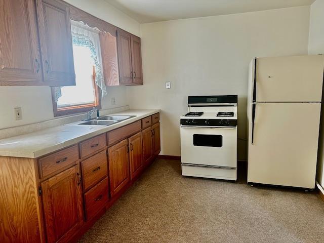 kitchen featuring white appliances, light carpet, and sink