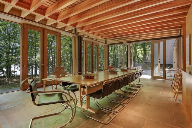 sunroom / solarium with french doors and wooden ceiling