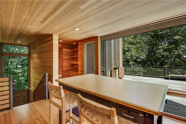 dining room with a healthy amount of sunlight, wooden ceiling, and wood walls