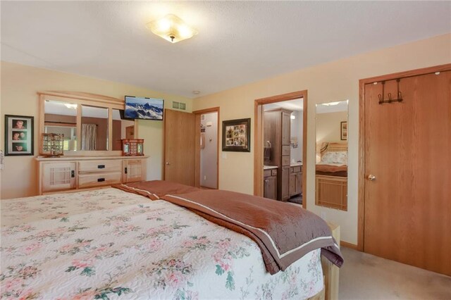 bedroom featuring a closet, carpet, and ensuite bath