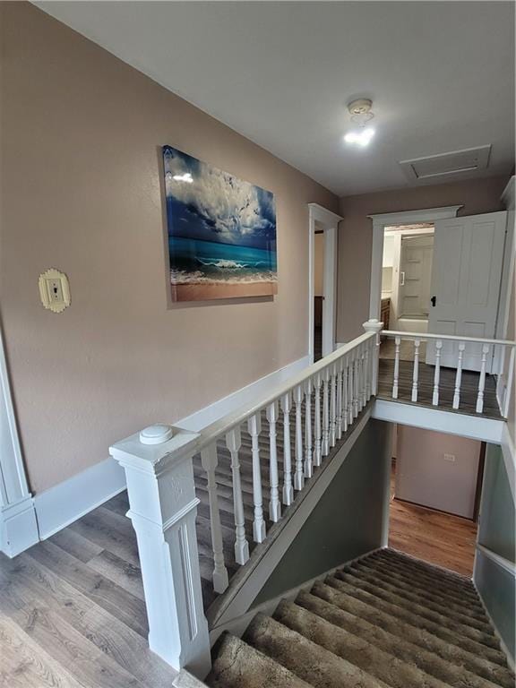 staircase with wood-type flooring