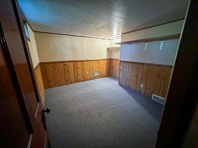 spare room with a wainscoted wall, visible vents, a textured ceiling, carpet floors, and wood walls