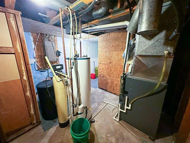 utilities with electric panel, heating unit, and water heater