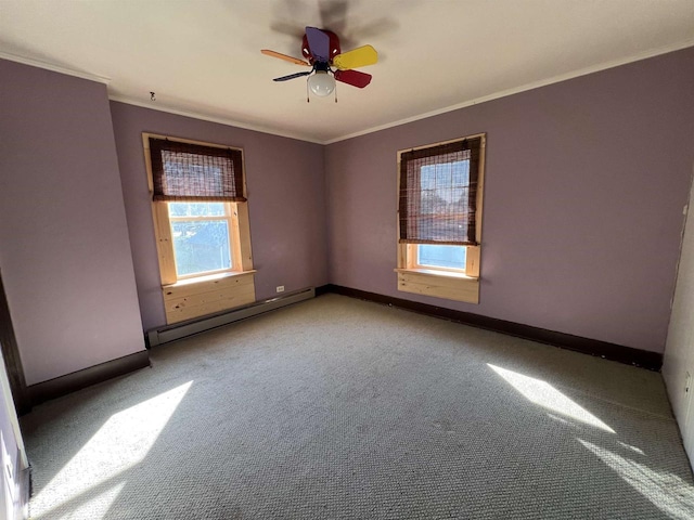 unfurnished room featuring a baseboard radiator, ceiling fan, light carpet, and crown molding