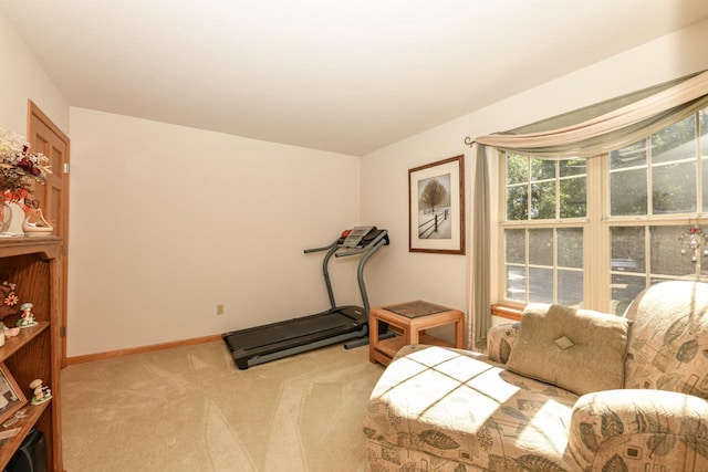 workout area featuring light colored carpet