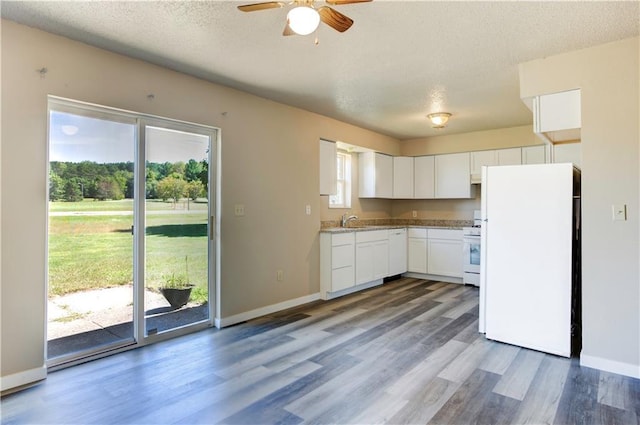 kitchen with ceiling fan, hardwood / wood-style flooring, white appliances, and white cabinets