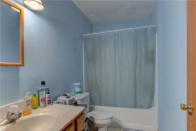 full bathroom with a textured ceiling, vanity, toilet, and shower / bath combination with curtain