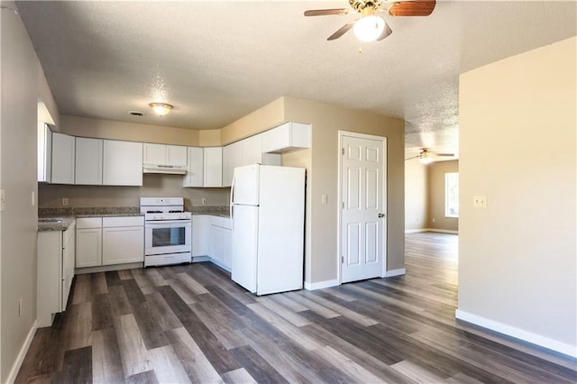 kitchen featuring a textured ceiling, white appliances, dark wood-type flooring, white cabinetry, and ceiling fan