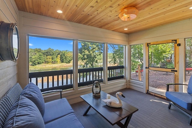 sunroom with wood ceiling