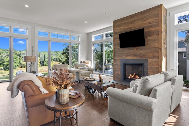 living room with dark hardwood / wood-style flooring, a wealth of natural light, and a large fireplace