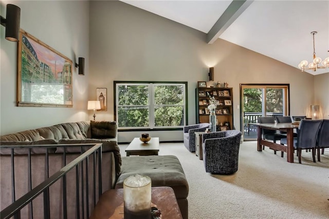 carpeted living room featuring beam ceiling, high vaulted ceiling, and a notable chandelier