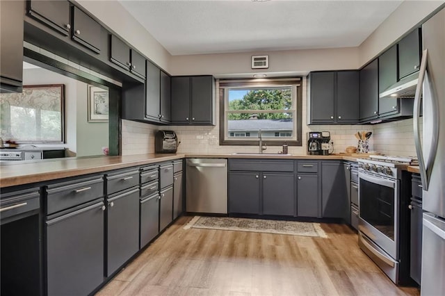 kitchen with appliances with stainless steel finishes, light hardwood / wood-style floors, sink, and tasteful backsplash