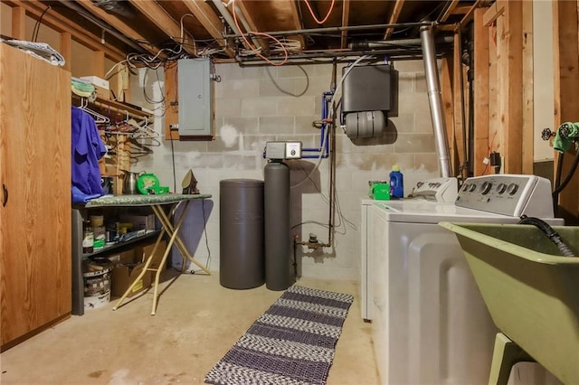 basement featuring electric panel and washer and dryer