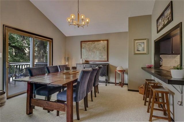 carpeted dining area with high vaulted ceiling and a notable chandelier