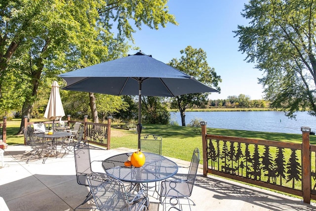 view of patio / terrace featuring a water view