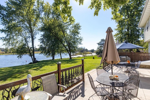 view of patio featuring a water view