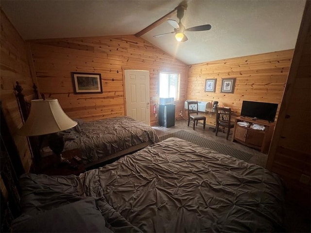 carpeted bedroom with wood walls, ceiling fan, and vaulted ceiling with beams