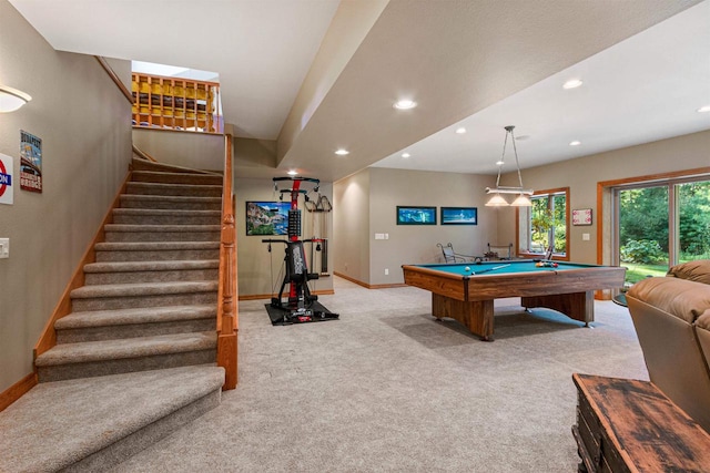 rec room featuring light colored carpet and pool table