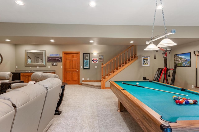 rec room featuring billiards and light colored carpet