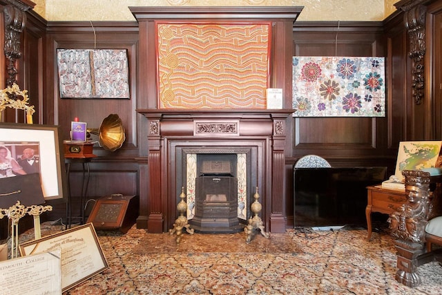 living room featuring wood walls