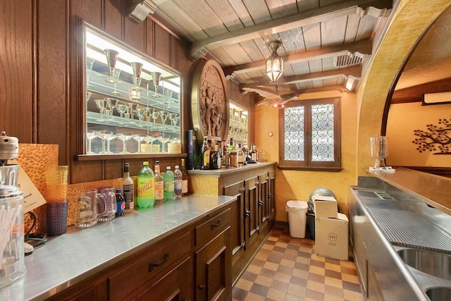 bar with wooden ceiling and beam ceiling