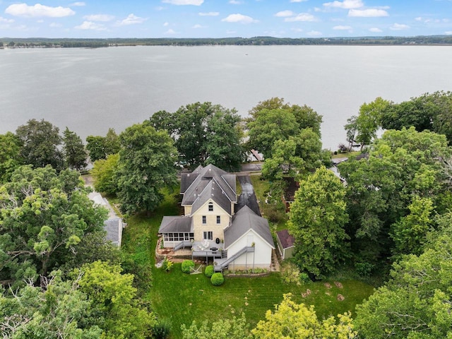 drone / aerial view featuring a water view