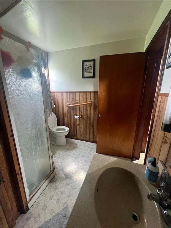 bathroom featuring toilet, wood walls, sink, and a shower with door