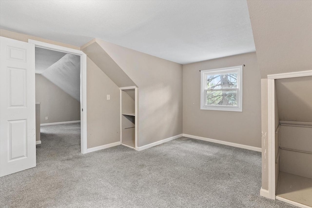 additional living space featuring lofted ceiling, carpet floors, and a textured ceiling