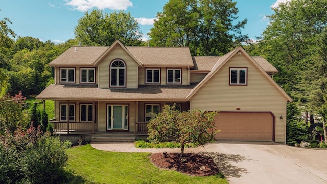 view of front facade featuring a front yard, roof with shingles, a porch, an attached garage, and concrete driveway