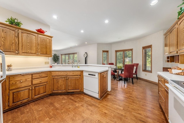 kitchen featuring dishwasher, light countertops, light wood-style flooring, range with electric stovetop, and a peninsula