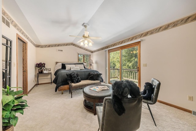 bedroom with lofted ceiling, access to outside, visible vents, and light carpet