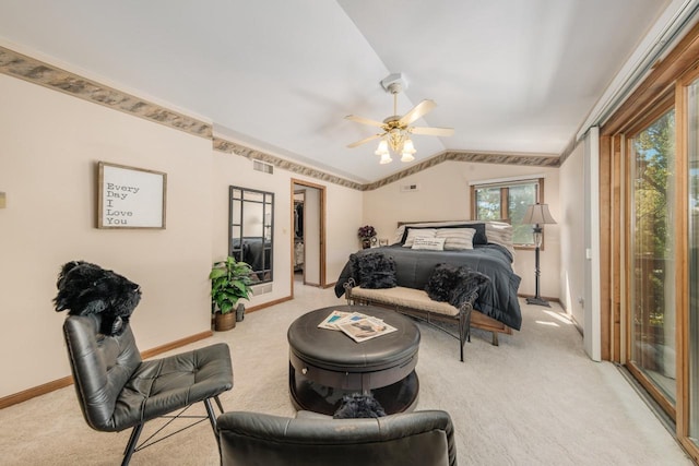 bedroom with visible vents, a ceiling fan, baseboards, carpet flooring, and lofted ceiling