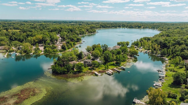 aerial view featuring a forest view and a water view