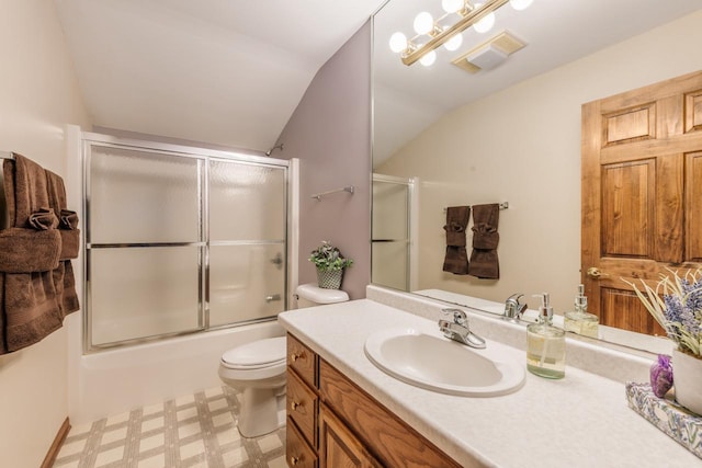 full bath with tile patterned floors, visible vents, toilet, vanity, and vaulted ceiling