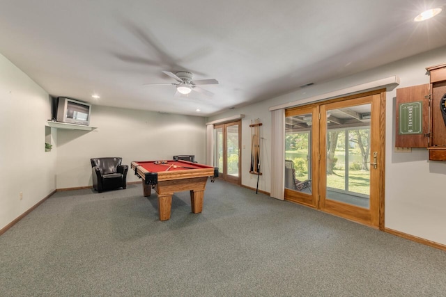 playroom with recessed lighting, baseboards, carpet, and pool table