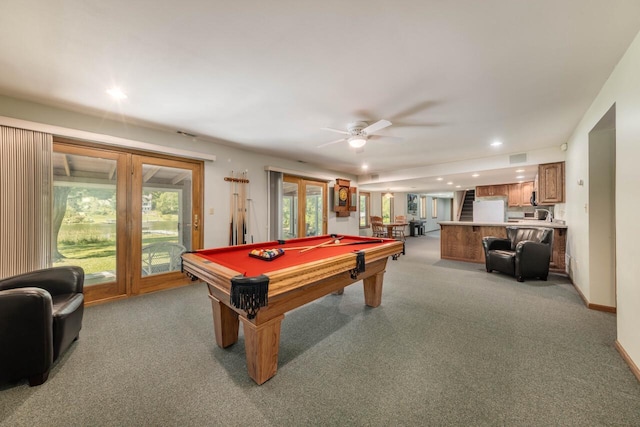 playroom with baseboards, ceiling fan, light colored carpet, recessed lighting, and billiards