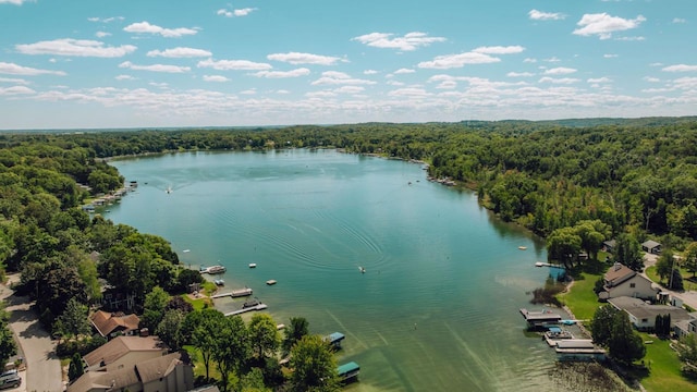 drone / aerial view featuring a water view and a wooded view